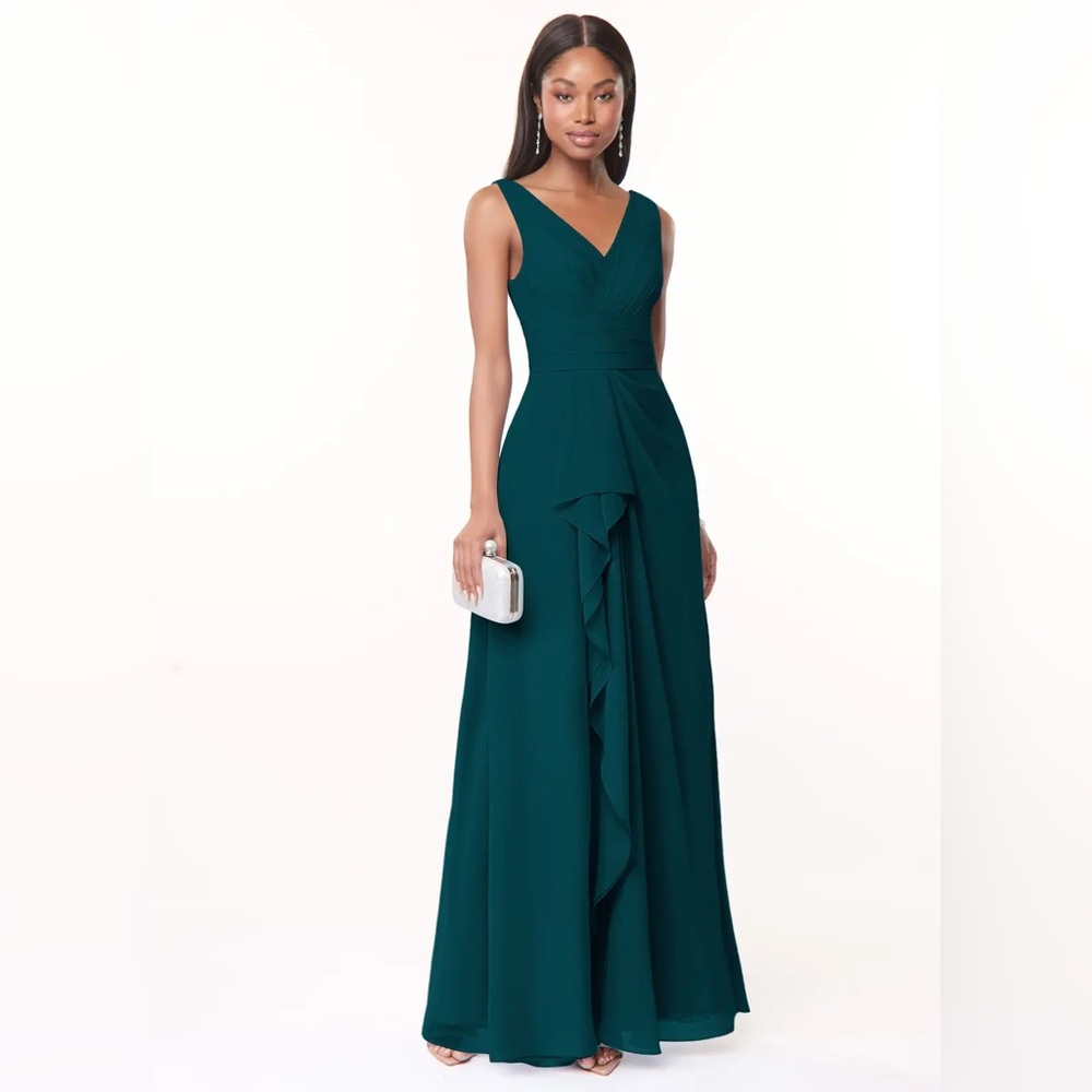 Azazie Julianna A-Line Chiffon Dress in color Pine, Size 4